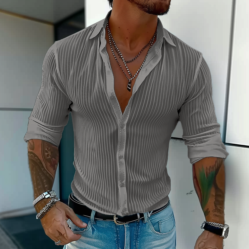 Men's Solid Colour Striped Long Sleeve Shirt