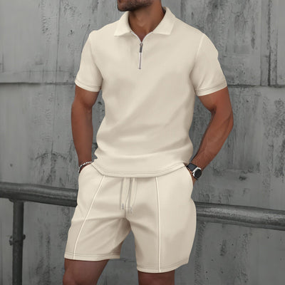Men's Textured Zip Polo & Drawstring Shorts Set