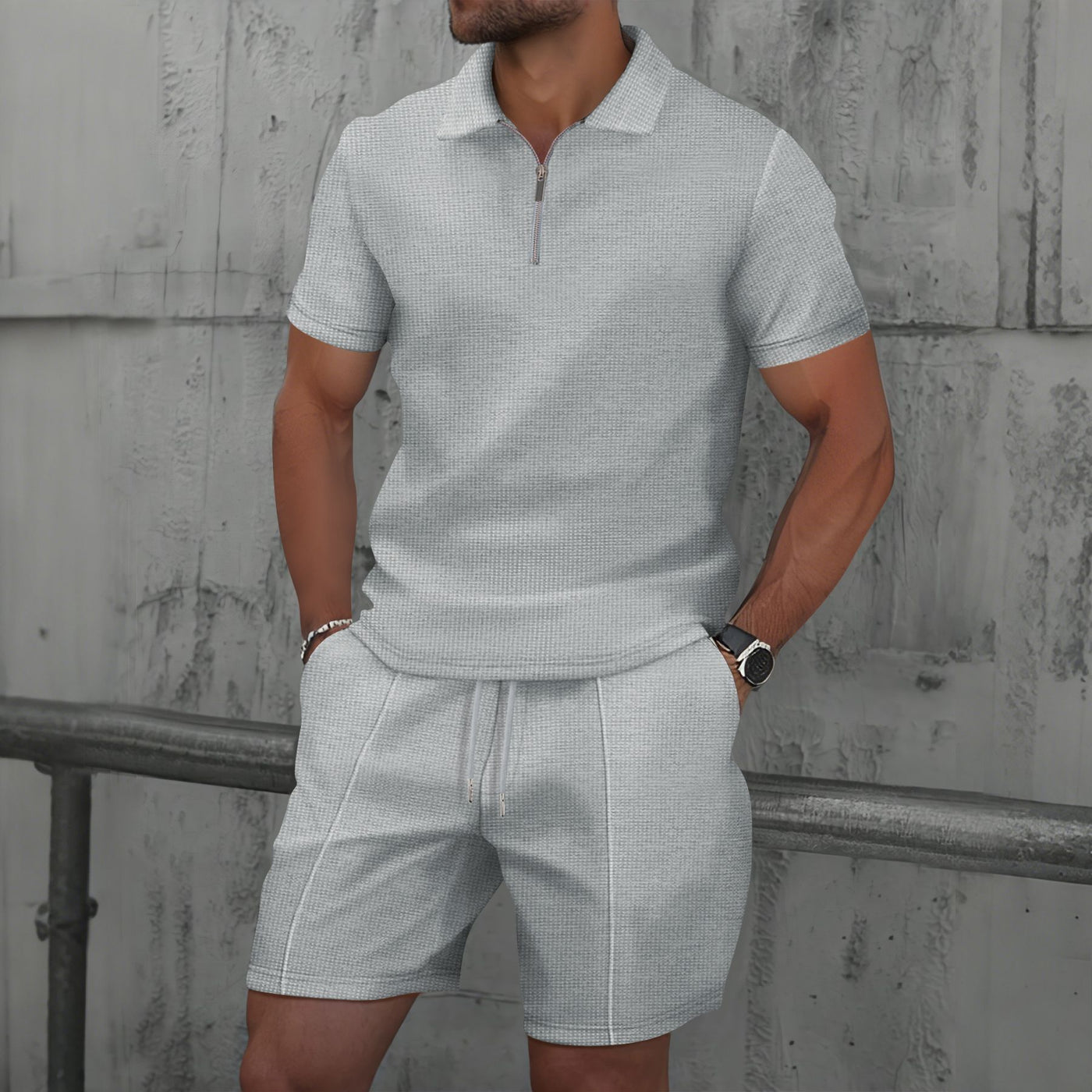 Men's Textured Zip Polo & Drawstring Shorts Set