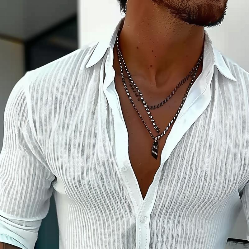 Men's Solid Colour Striped Long Sleeve Shirt